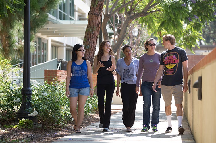 A group of students talks as they walk along the Hill.
