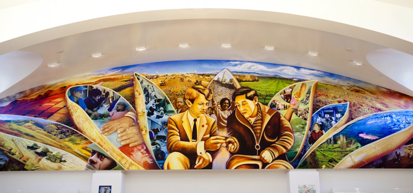 A mural by Judy Baca at the UCLA Community School depicts the societal issues deemed most important by Robert F. Kennedy.