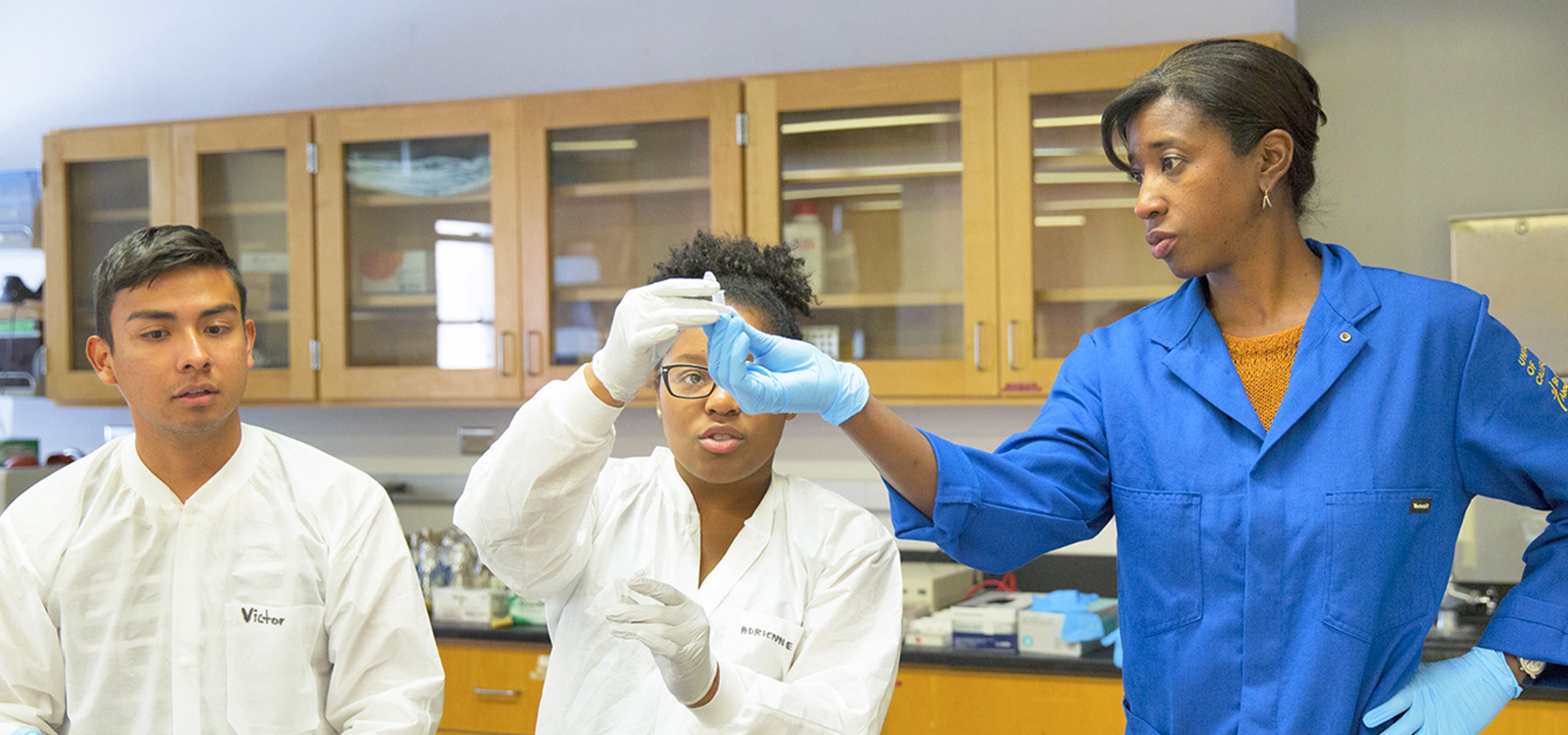 La profesora Tracy Johnson trabaja con estudiantes en el laboratorio.