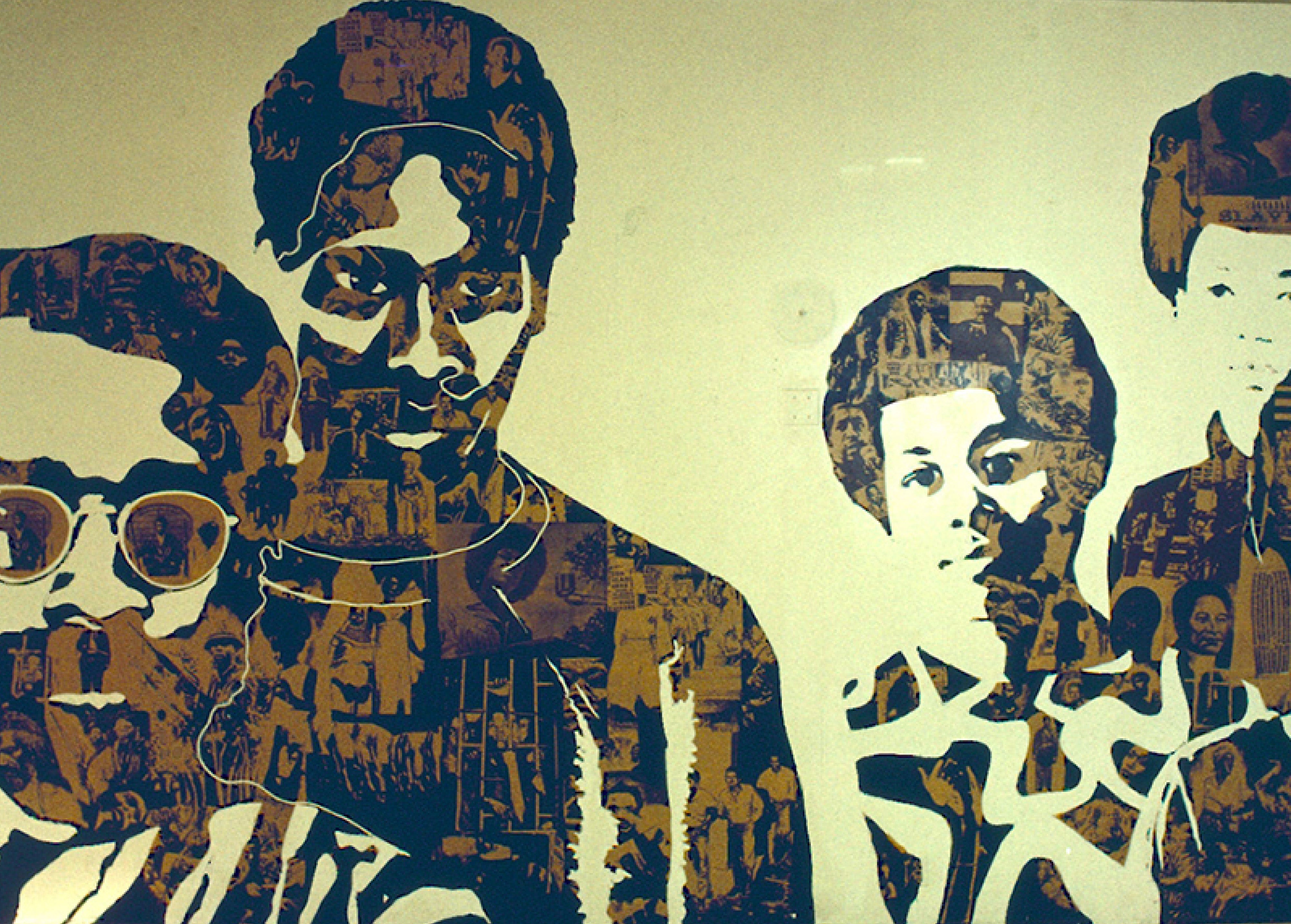 Collage-style artwork featuring portraits of African American figures. The faces of the individuals are composed of various smaller images and textures that represent the African American experience. The art is rendered in deep tones, giving a layered and textured effect that highlights the rich history and cultural significance embedded within the community.