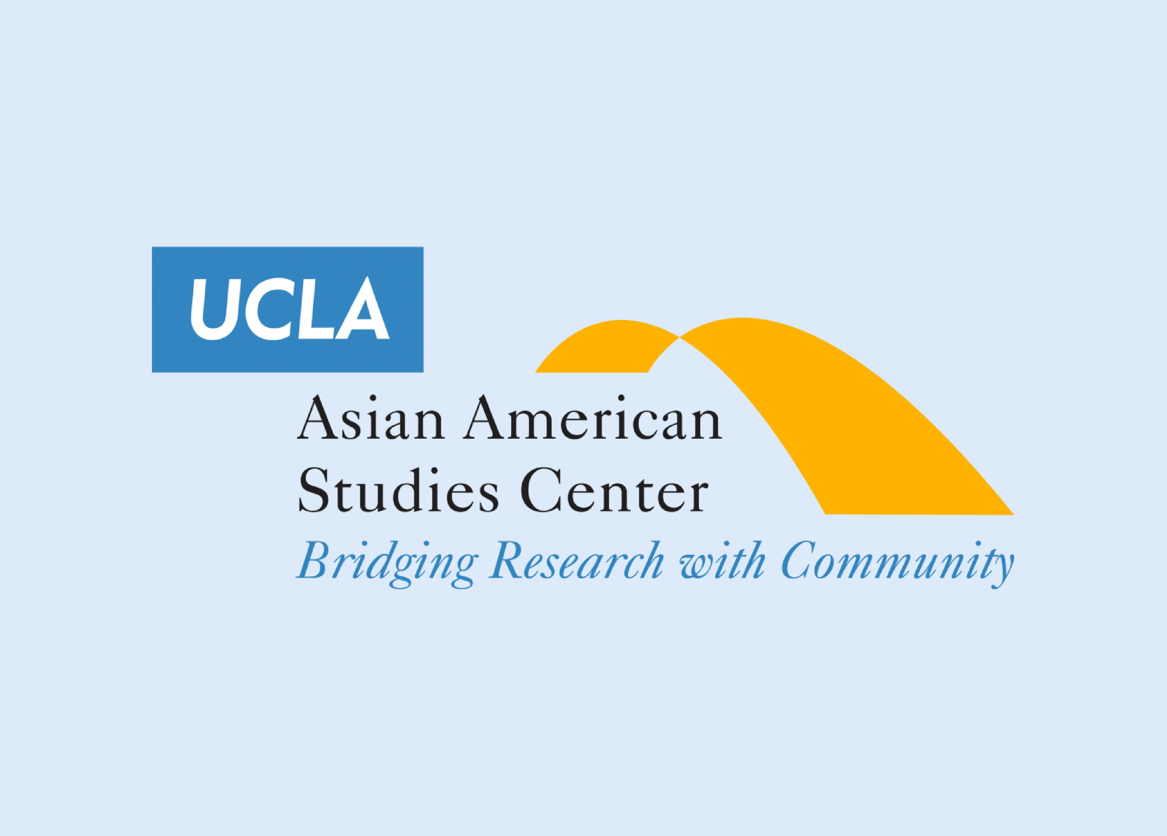 Logo of the UCLA Asian American Studies Center featuring a blue background with the UCLA logo on the top left, accompanied by a stylized orange bridge graphic on the right. The text below the bridge reads &apos;Asian American Studies Center,&apos; with the tagline &apos;Bridging Research with Community&apos; in italicized font, emphasizing the center&apos;s mission of connecting academic research with real-world community impact.