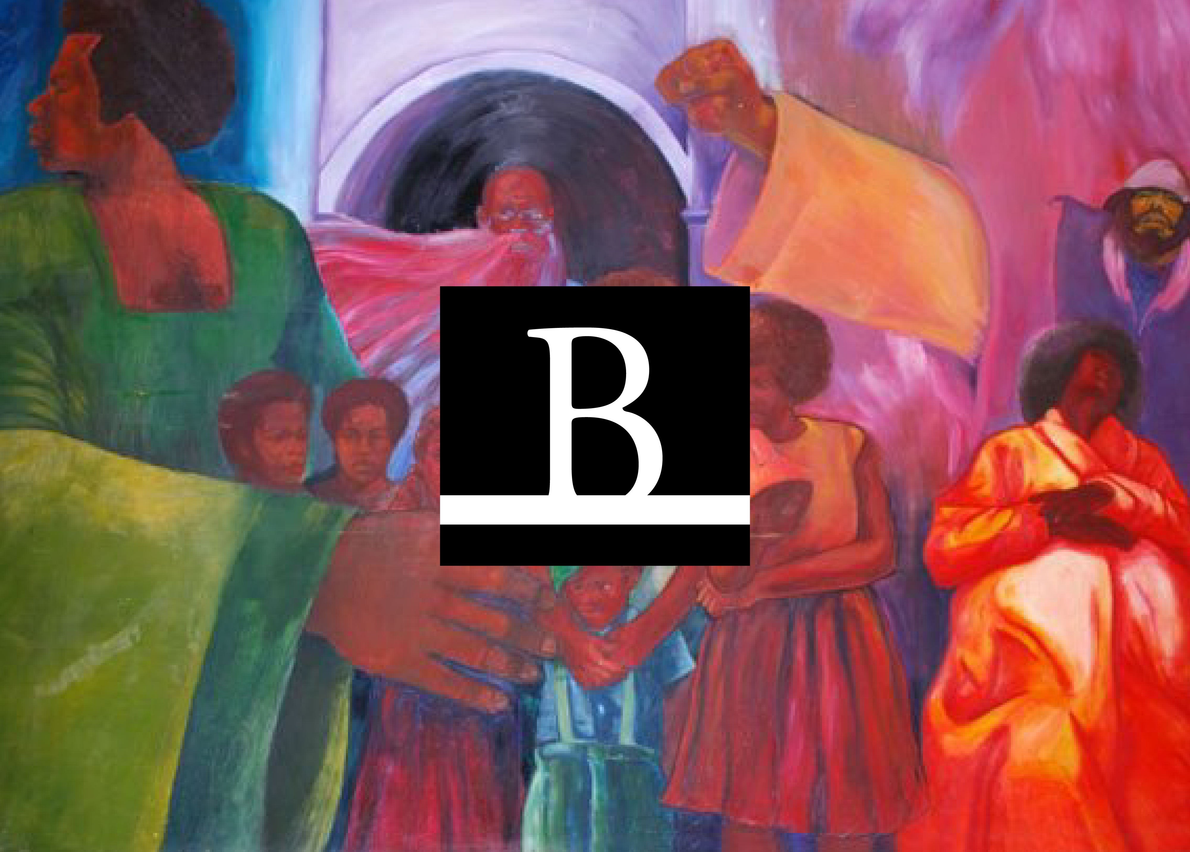 A mural depicting vibrant, colorful scenes of African American life and history, with a central black square containing a white &apos;B&apos; for the Bunche Center.