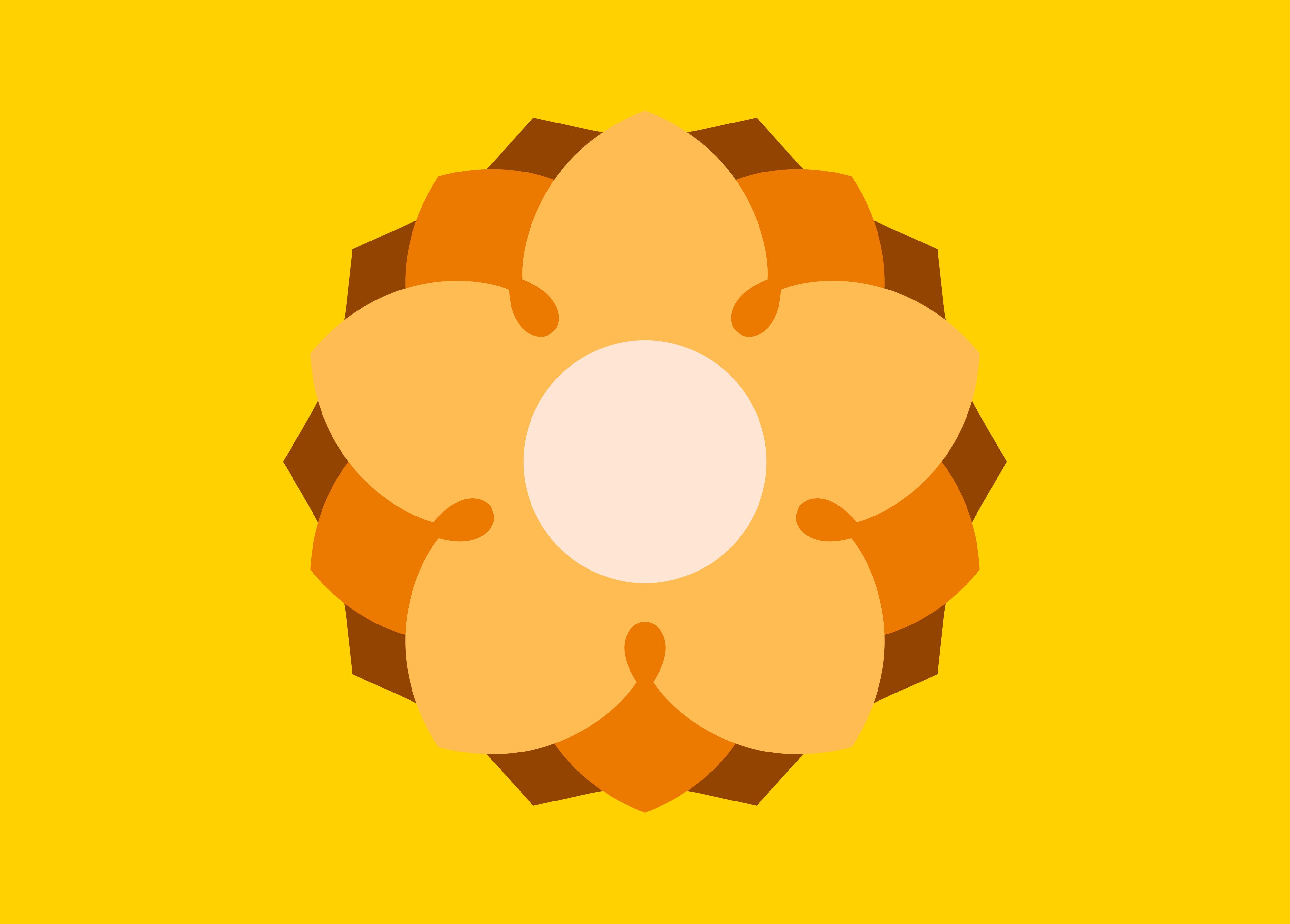 A geometric design resembling a stylized flower in shades of orange and brown set against a bright yellow background, representing the Center for Southeast Asian Studies.