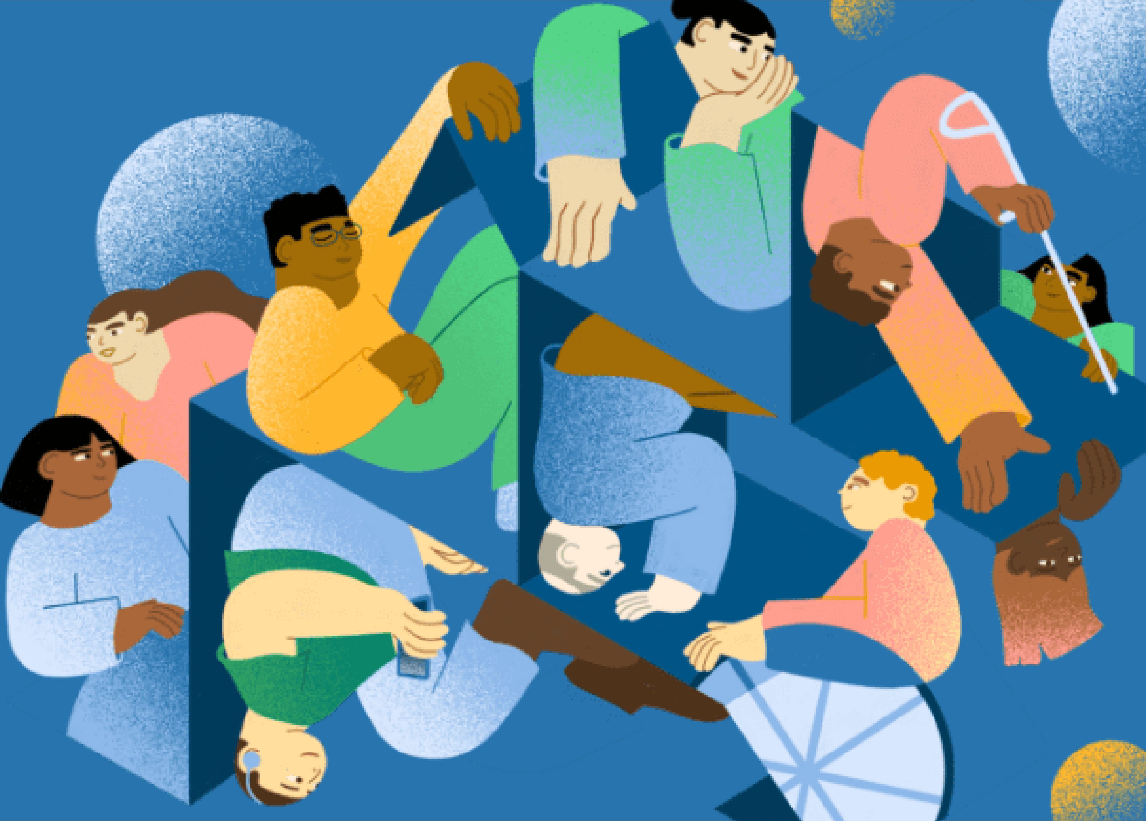 An illustration depicting a diverse group of people with disabilities, represented in a colorful and abstract style, engaging in various activities.