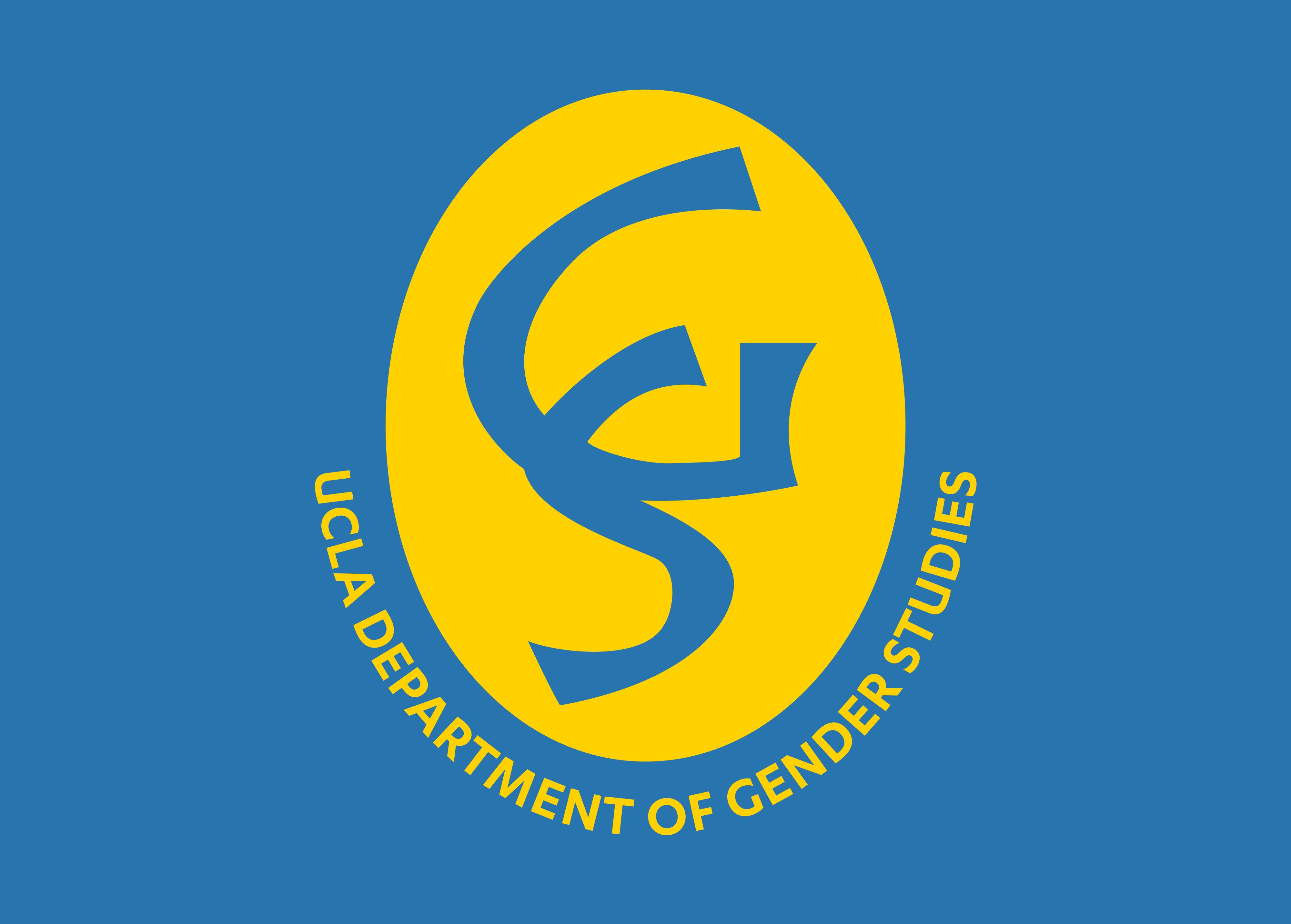 Logo for the UCLA Department of Gender Studies, featuring stylized blue &apos;GS&apos; letters within a yellow oval on a blue background.