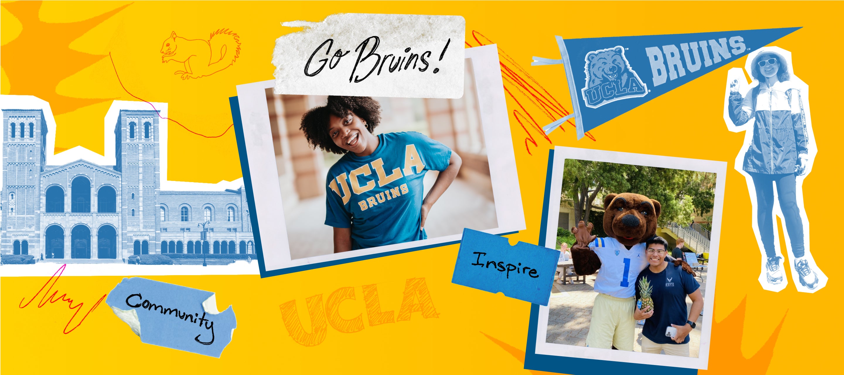 Collage con gráficos de UCLA, se lee Go Bruins, un estudiante posando con una mascota de oso, un estudiante usando una camisa de UCLA en el campus, texto, se lee comunidad e inspirar