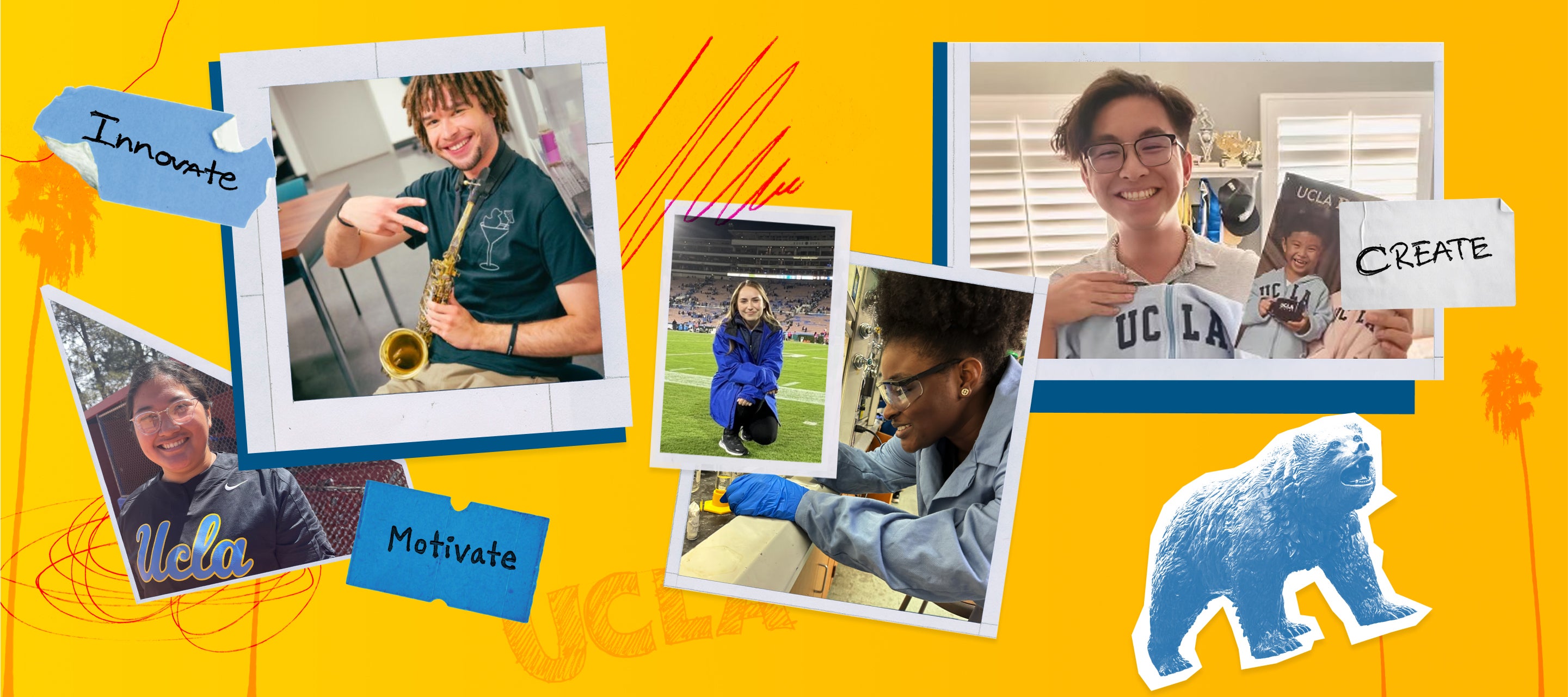 Collage de gráficos de Bruins, fotos de estudiantes, texto que dice: innovar, motivar, crear