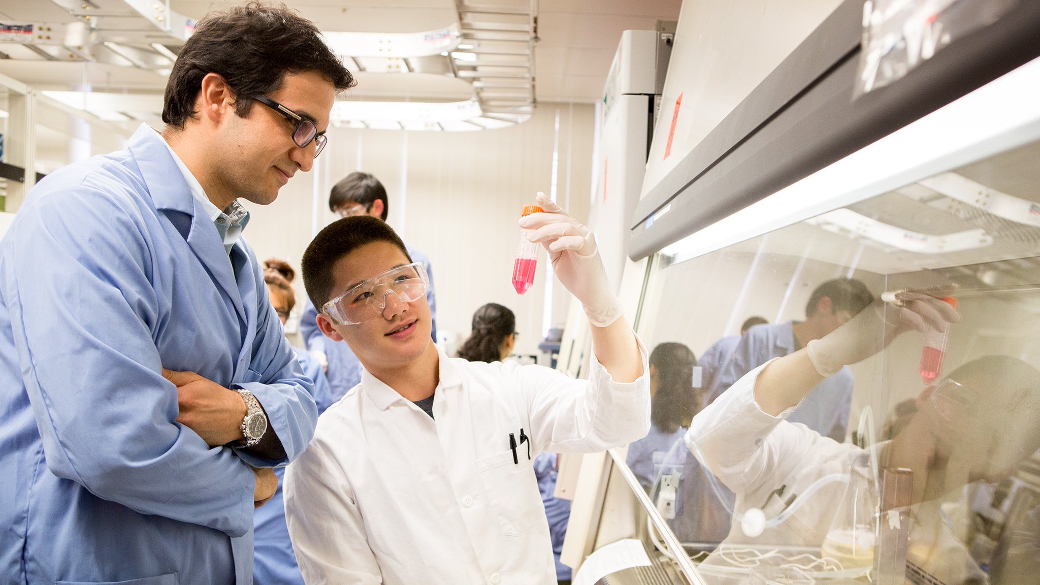 A student shares his work with another student in a bioengineering lab.