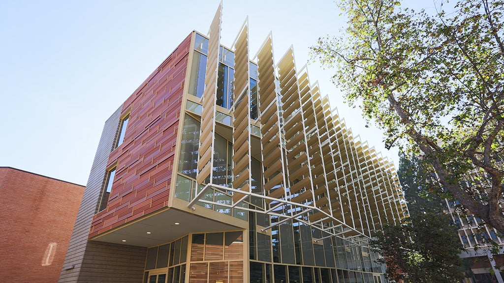 The Evelyn and Mo Ostin Music Center catches light and shadows from nearby trees.