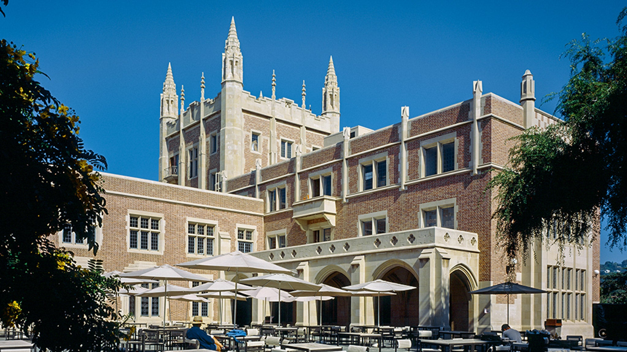 The iconic gothic spires Kerckhoff Hall bask in the afternoon sun.
