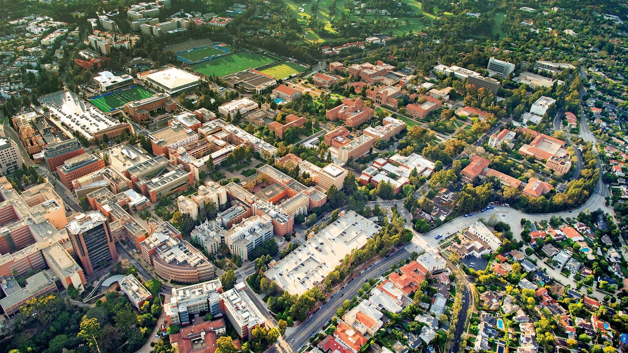 A lot of campus is visible in this aerial shot of UCLA.